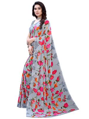 Grey printed georgette saree with blouse 2