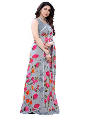 Grey printed georgette saree with blouse 3