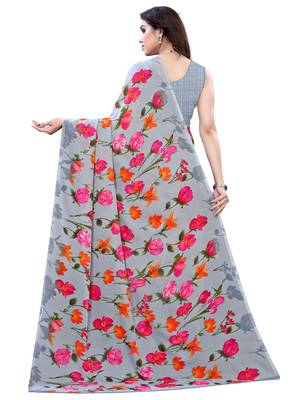 Grey printed georgette saree with blouse 4