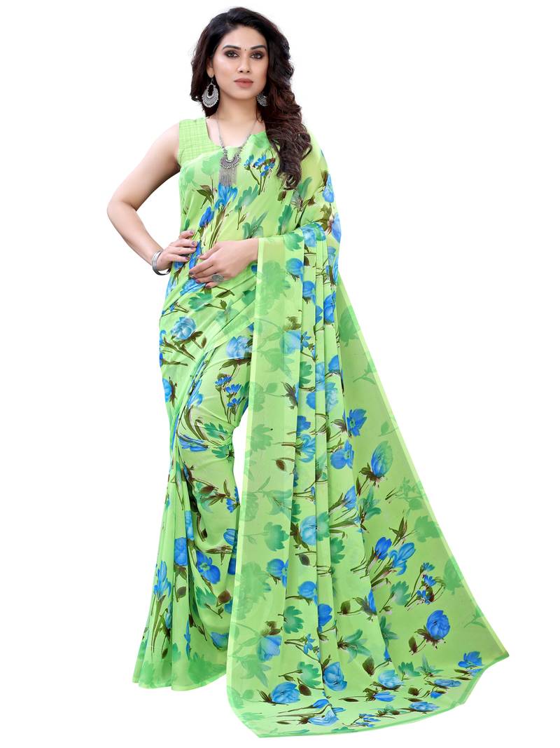Parrot green printed georgette saree with blouse - Satrani Fashion - 3480036