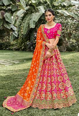 Pink embroidered silk semi stitched lehenga 1