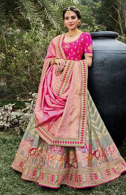 Grey embroidered silk semi stitched lehenga 1