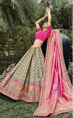 Grey embroidered silk semi stitched lehenga 2