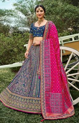 Blue embroidered silk semi stitched lehenga 1