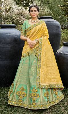 Sea-green embroidered silk semi stitched lehenga 1