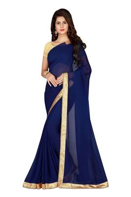 Navy Blue Georgette Moti Lace Saree With Fancy Blouse Piece. 1