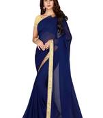 Navy Blue Georgette Moti Lace Saree With Fancy Blouse Piece.