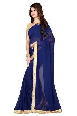 Navy Blue Georgette Moti Lace Saree With Fancy Blouse Piece. 2