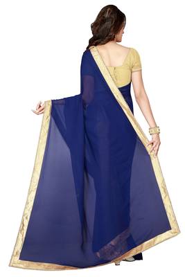 Navy Blue Georgette Moti Lace Saree With Fancy Blouse Piece. 3