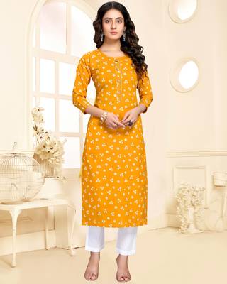Yellow printed cotton ethnic-kurtis 1