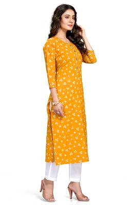 Yellow printed cotton ethnic-kurtis 3