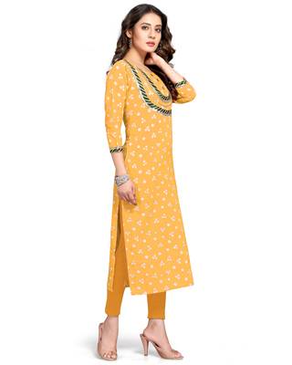 Yellow printed cotton ethnic-kurtis 3