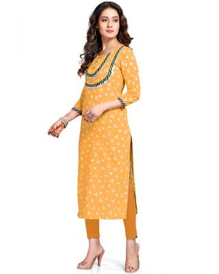 Yellow printed cotton ethnic-kurtis 4