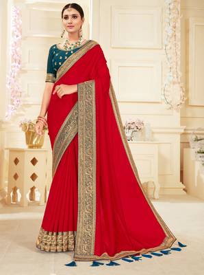 Red embroidered georgette saree with blouse 1