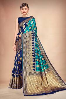 Teal Woven Art Silk Saree With Blouse
