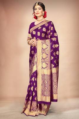Purple woven art silk saree with blouse 5