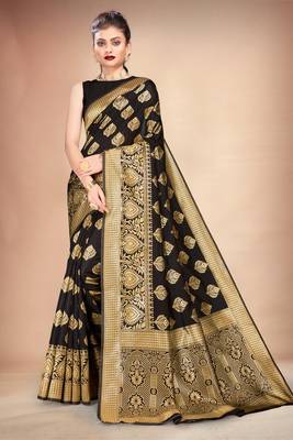 Black woven art silk saree with blouse 1