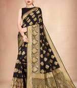 Black woven art silk saree with blouse
