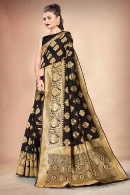 Black woven art silk saree with blouse 2