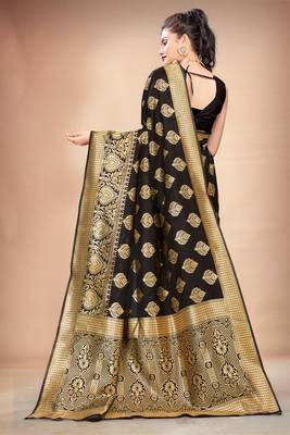Black woven art silk saree with blouse 3