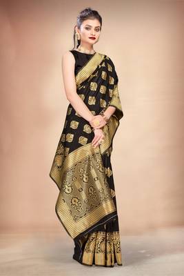 Black woven art silk saree with blouse 4