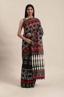 Black Printed Cotton Silk Saree With Blouse