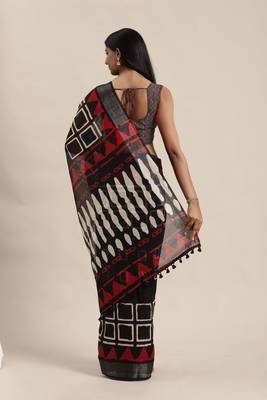 Black Printed Cotton Silk Saree With Blouse 2