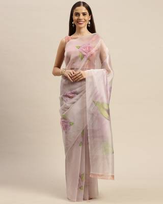 White printed organza saree with blouse 1