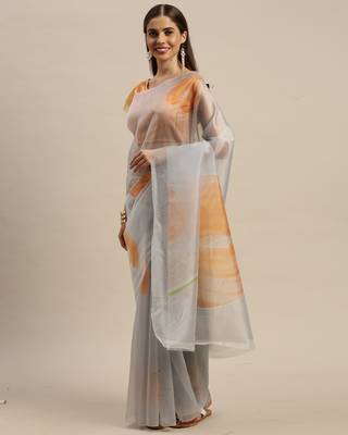 Grey Printed Organza Saree With Blouse 1