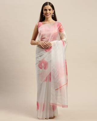 White printed organza saree with blouse 1