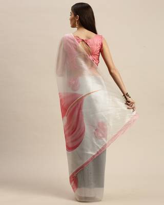 White printed organza saree with blouse 2