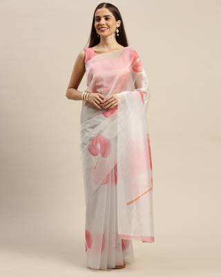 White printed organza saree with blouse 4