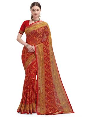 Red brasso brasso saree with blouse 2