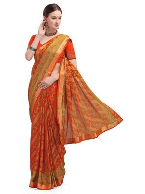 Orange brasso brasso saree with blouse 1