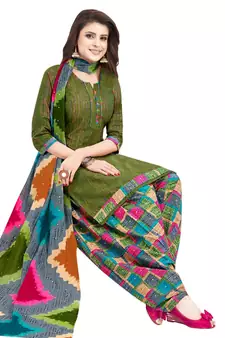 GREEN PRINTED SYNTHETIC UNSTITCHED SALWAR WITH DUPATTA