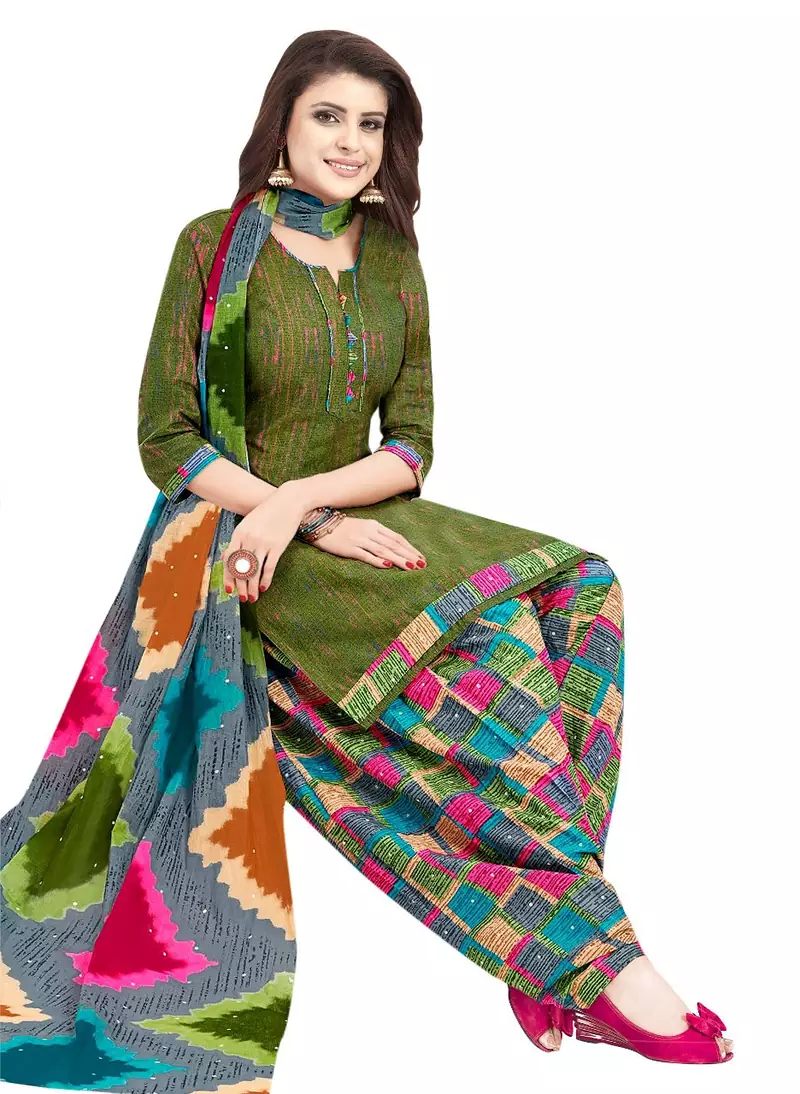 GREEN PRINTED SYNTHETIC UNSTITCHED SALWAR WITH DUPATTA