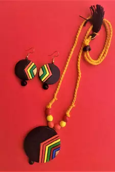 RozMili Handmade Black terracotta-jewelry pendant set
