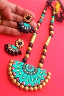 RozMili Handmade Brown terracotta-jewelry Necklace set