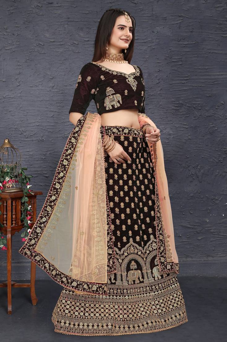 Maroon Zari Sequins And Thread Embroidered Velvet Semi Stitched Bridal Lehenga