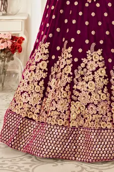 Purple Zari Sequins And Thread Embroidered Velvet Lehenga Choli For Dulhan