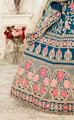 Rama Blue Zari Sequins And Thread Embroidered Slub Silk Lehenga Choli For Bride 5