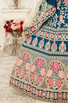 Rama Blue Zari Sequins And Thread Embroidered Slub Silk Lehenga Choli For Bride