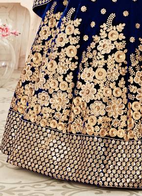Alluring Navy-Blue Zari Sequins And Thread Embroidered Velvet Lehenga Choli For Bridal 5