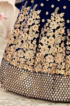 Alluring Navy-Blue Zari Sequins And Thread Embroidered Velvet Lehenga Choli For Bridal