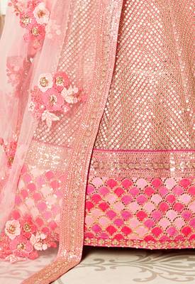 Hypnotizing Pink Zari Sequins And Thread Embroidered Designer Net Lehenga Choli 5