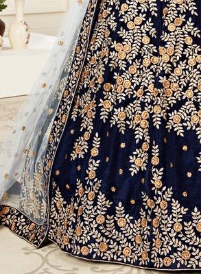  Navy-Blue Zari Sequins And Thread Embroidered Velvet Lehenga Choli For Bride 5