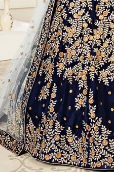  Navy-Blue Zari Sequins And Thread Embroidered Velvet Lehenga Choli For Bride