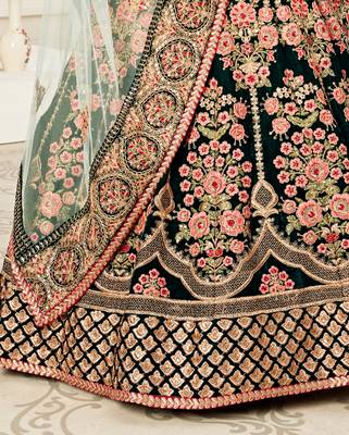 Green Velvet Embroidered Lehenga with Thread Embroidered Blouse & Light Green Net Dupatta 5