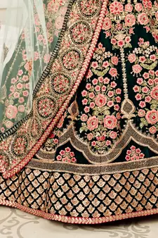 Green Velvet Embroidered Lehenga with Thread Embroidered Blouse & Light Green Net Dupatta