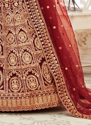 Dark Red Zari Sequins And Thread Embroidered Velvet Lehenga Choli For Wedding 5